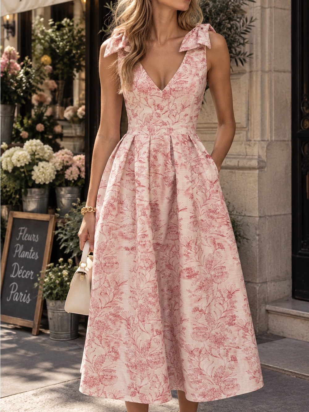 Entro Brocade Pink Floral Midi Dress with Bow Straps